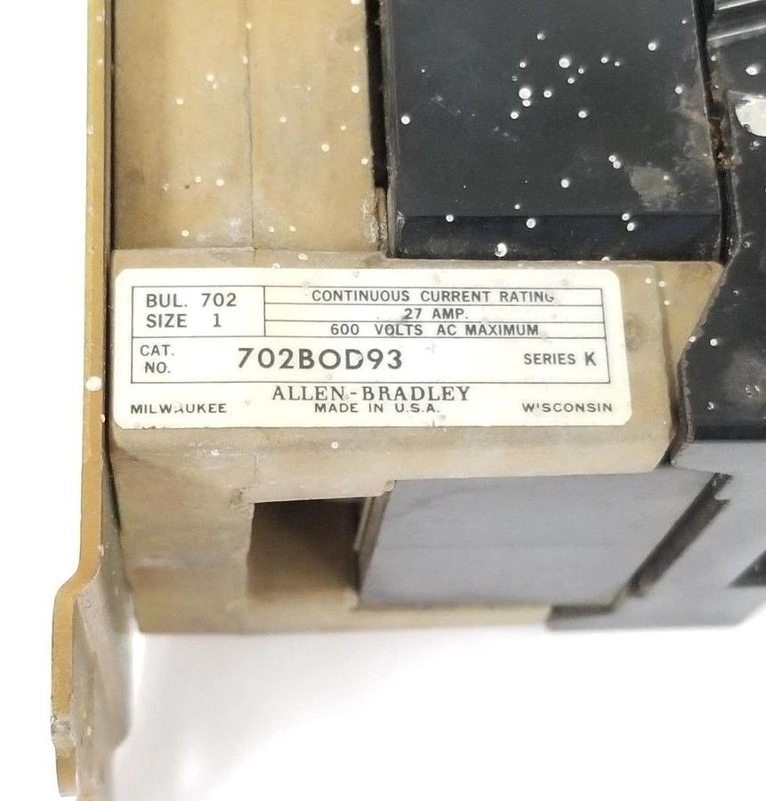 Used ALLEN BRADLEY 702-BOD93 SIZE 1 CONTACTOR SER. K W/ 71A86 COIL 110-120V 50-60CY