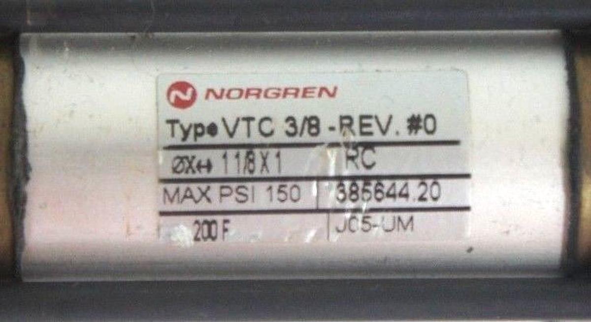 Used NEW NORGREN VTC 3/8 PNEUMATIC CYLINDER VTC-3/8-REV.#0 1-1/8X1 RC J05-UM 38564420