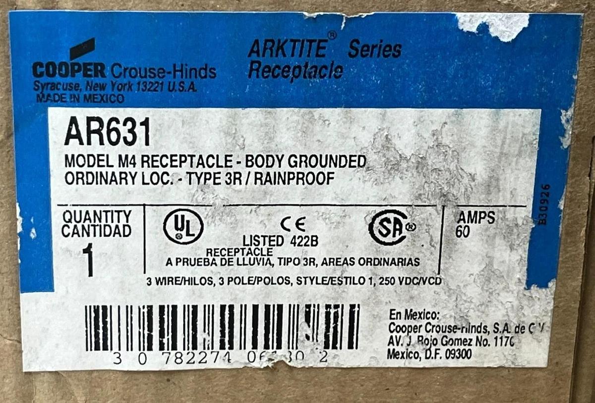 COOPER Crouse-Hinds AR631 Arktite Receptacle | 60A 3P 4W | 600VAC | NSMP