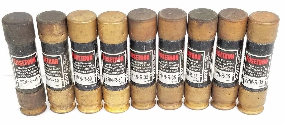 Used LOT OF 9 COOPER BUSSMANN FUSETRON FUSES FRN-R-35, FRN-R-40, FRN-R-45, FRN-R-50