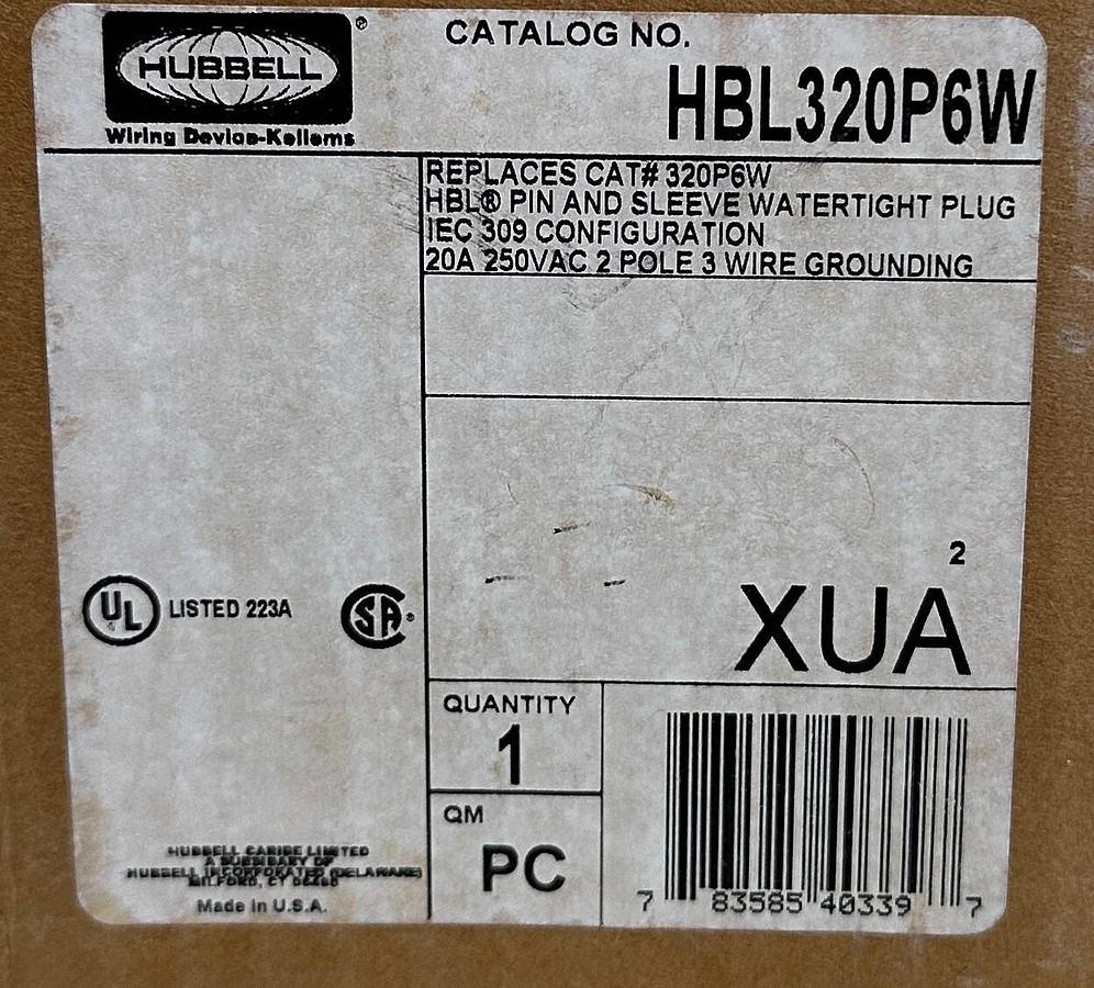 Used NEW HUBBELL HBL320P6W / 320P6W HBL PIN AND SLEEVE WATERTIGHT PLUG IEC 309 250Vac