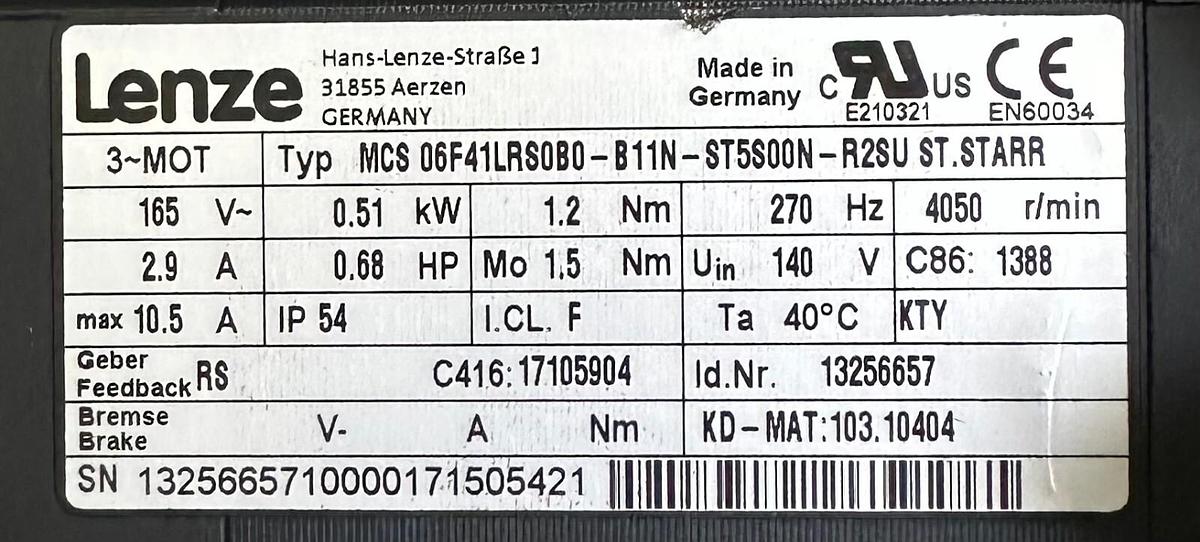 Used LENZE MCS 06F41LRS0B0-B11N-ST5S00N-R2SU SERVO MOTOR .51kW/.68HP 165V 13256657