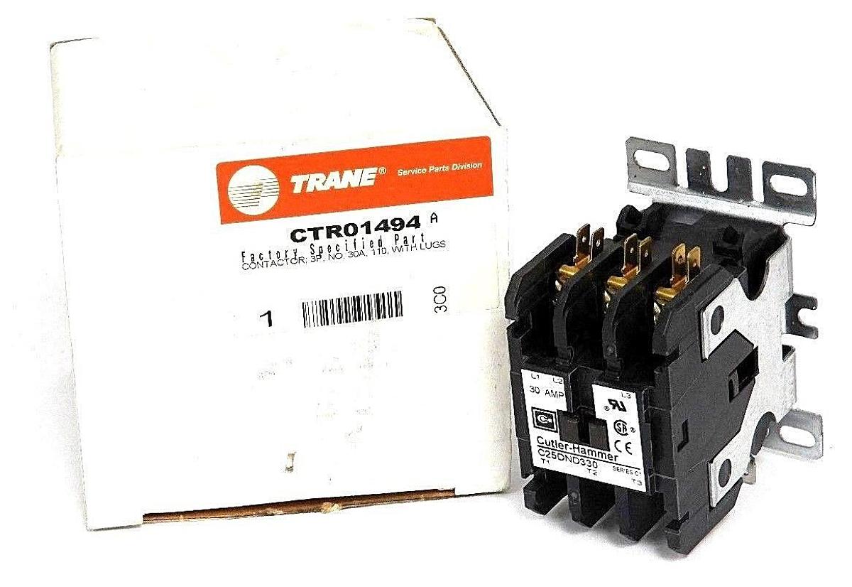 NIB TRANE CTR01494 CONTACTOR CUTLER-HAMMER C25DND330, 3P, 30A, 110V, WITH LUGS