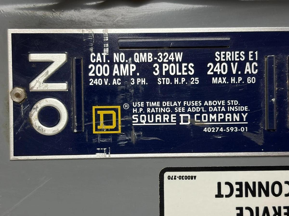Used Square D QMB-324W QMB Branch Switch Panel Fusible Disconnect 200A 240V 3P E1