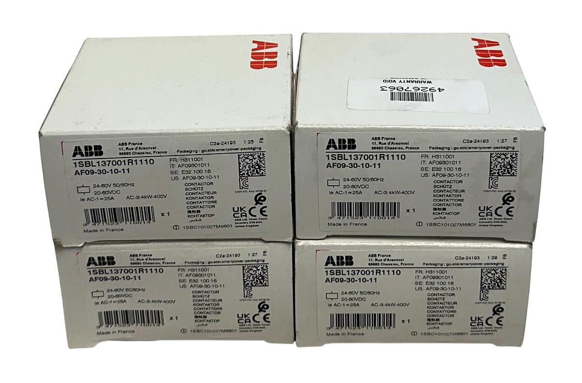 Used 4 ABB AF09-30-10-11 / 1SBL137001R1110 CONTACTORS 3-POLE 400VAC 25AMP NSMP