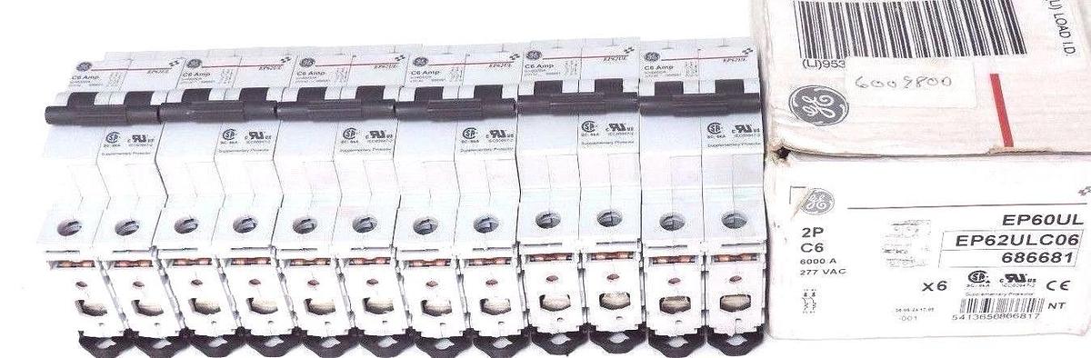 Used BOX OF 6 NEW GENERAL ELECTRIC EP62ULC06 CIRCUIT BREAKERS EP62UL, 2-POLE, 277VAC