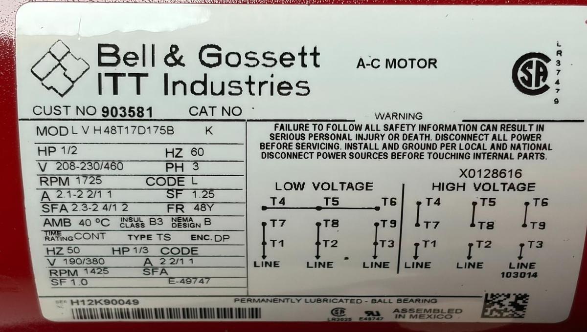 Used Bell and Gossett 169229 Power Pack Circulator Pump Motor 1/2 HP 3 Phase - New