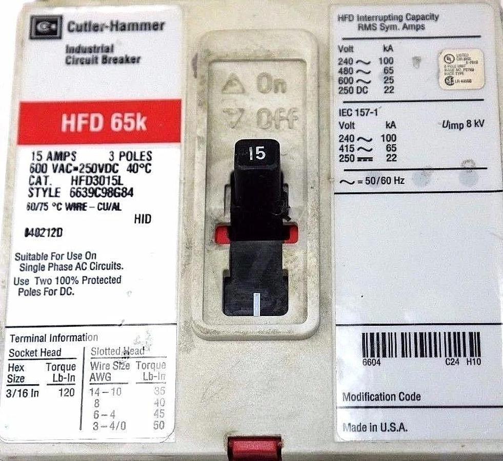 Used CUTLER HAMMER HFD65K CIRCUIT BREAKER HFD3015L, 6639C98G84, 15AMPS, 3POLES