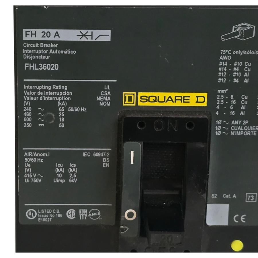 Used Square D FHL36020 Molded Case Circuit Breaker | 20A 3-Pole 600V F-Frame NSNP
