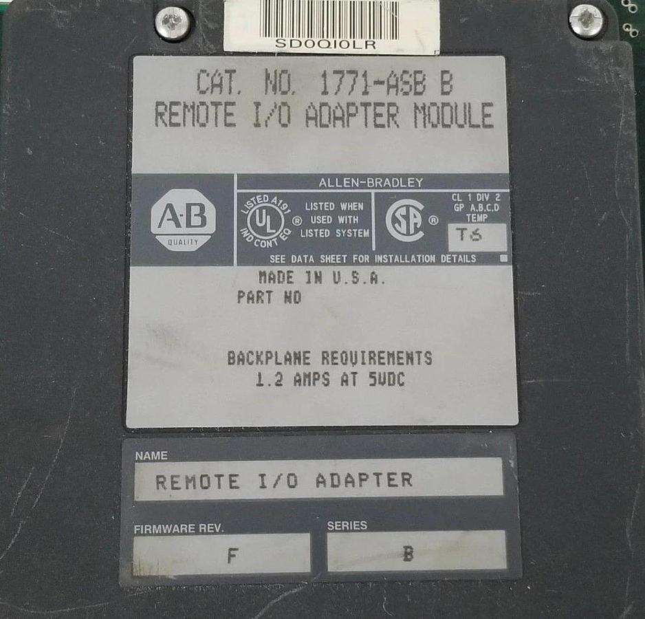 Used ALLEN BRADLEY 1771-ASB SER. B REMOTE I/0 ADAPTER F/W: F, 1771ASB