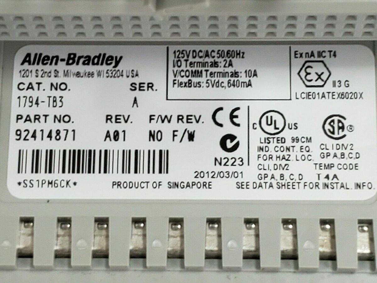 Used ALLEN BRADLEY 1794-IB10XOB6 FLEX I/O SER. A REV. B03 W/ 1794-TB3 SER. A REV. A01