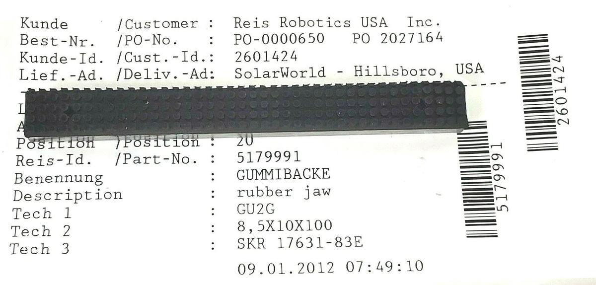 Used NEW REIS GmbH 5179991 RUBBER JAW 8.5X10X100, GU2G, SKR 17631-83E