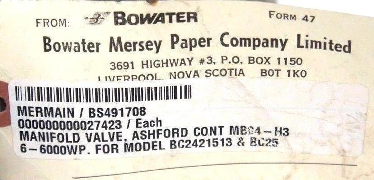NEW ASHFORD CONTROLS MB04-H3 MANIFOLD VALVE 6-6000WP, 000000000027423, H36 FLG
