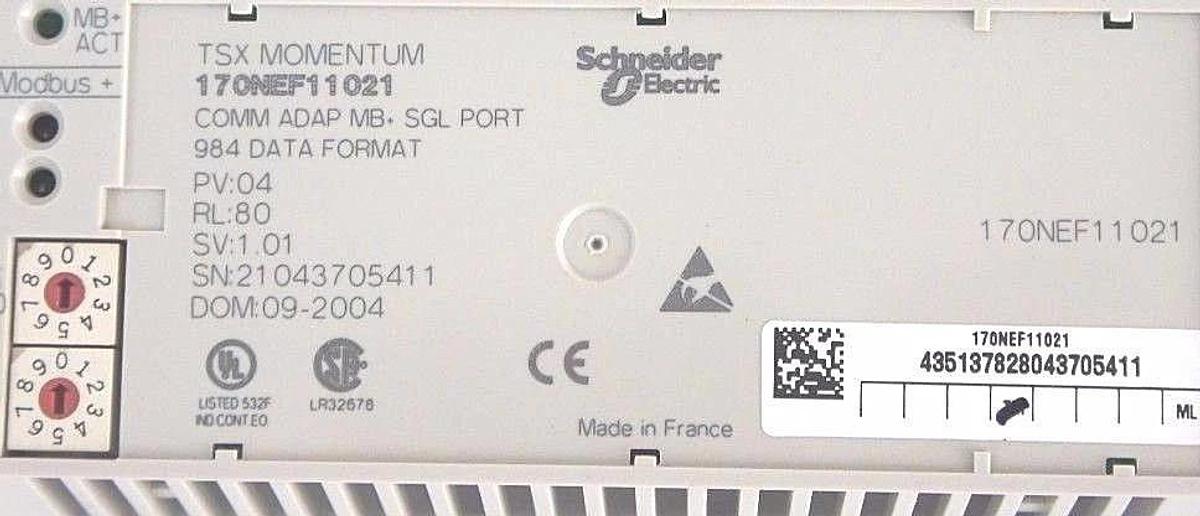 Used NIB SCHNEIDER MODICON 170NEF11021 COMM ADAP MB+ SGL PORT PV: 04, SV: 1.01