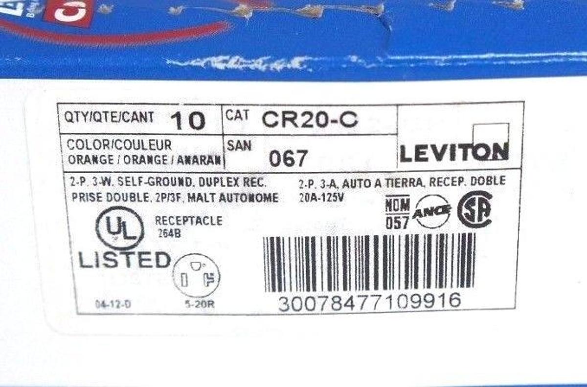 Used BOX OF 10 NEW LEVITON CR20-C DUPLEX RECEPTACLES STRAIGHT BLADE CR20C