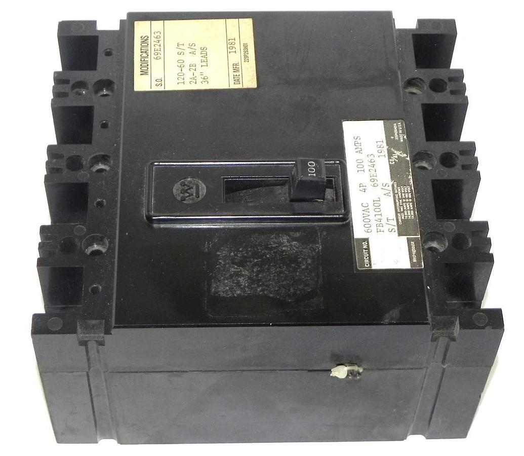 Used WESTINGHOUSE FB4100L CIRCUIT BREAKER 4 POLE 100 AMP, 69E2463