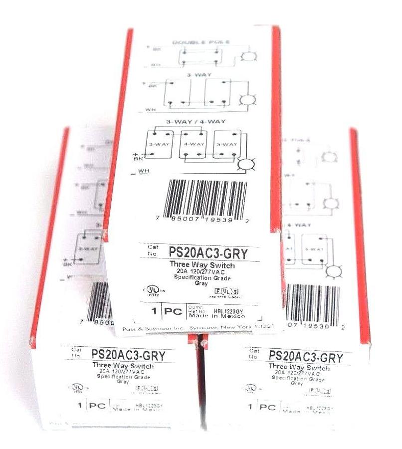 Used LOT OF 3 NEW PASS & SEYMOUR PS20AC3-GRY 3-WAY SWITCHES 20A 120/277VAC GRAY