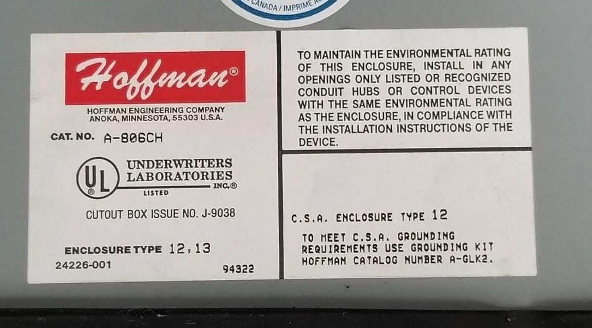 Used HOFFMAN A-806CH ENCLOSURE CUTOUT ENCLOSURE BOX J-9038 , A806CH