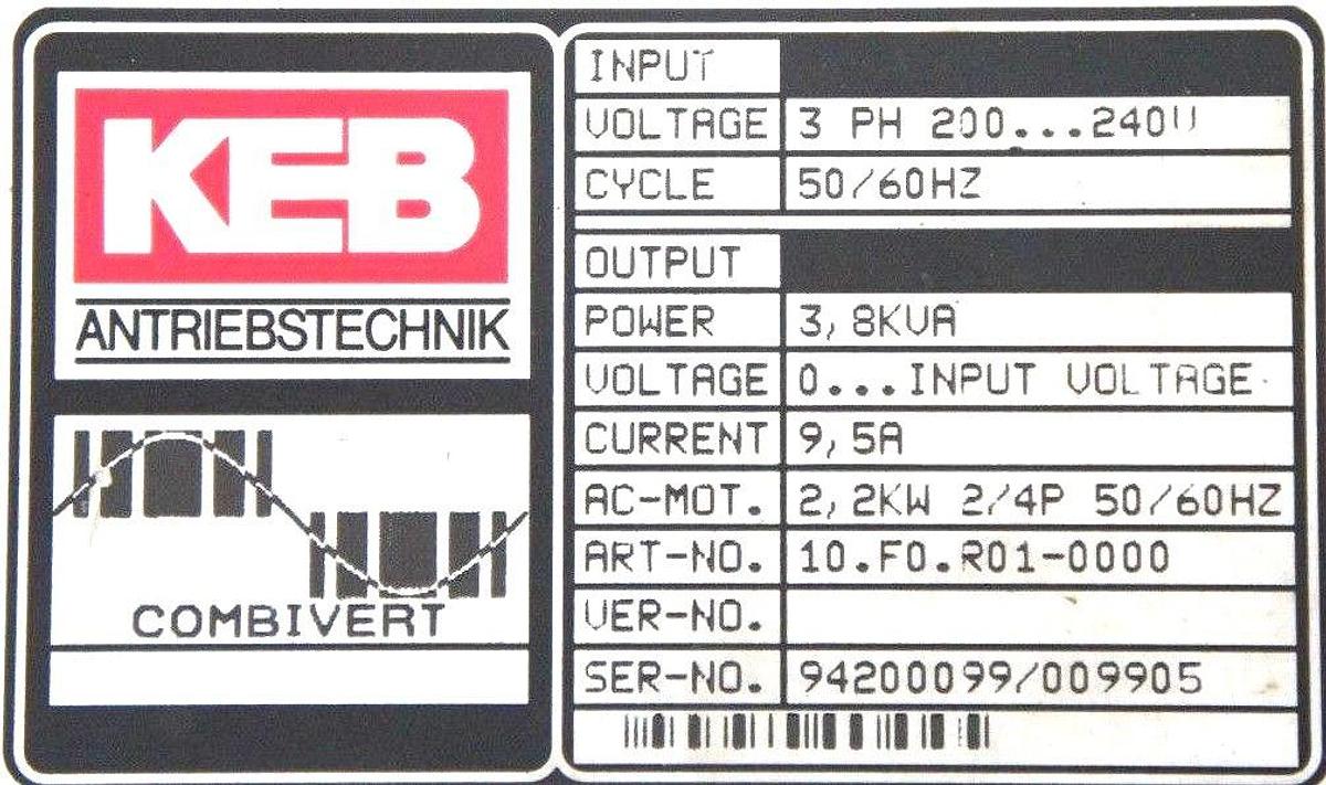 Used KEB 10.F0-R01-0000 FREQUENCY CONVERTER DRIVE 3PH 200...240V, 50/60HZ