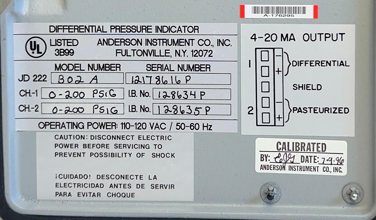 Used For Parts ANDERSON JD222-B02A / JD222B02A DIFFERENTIAL PRESSURE INDICATOR 4-20mA