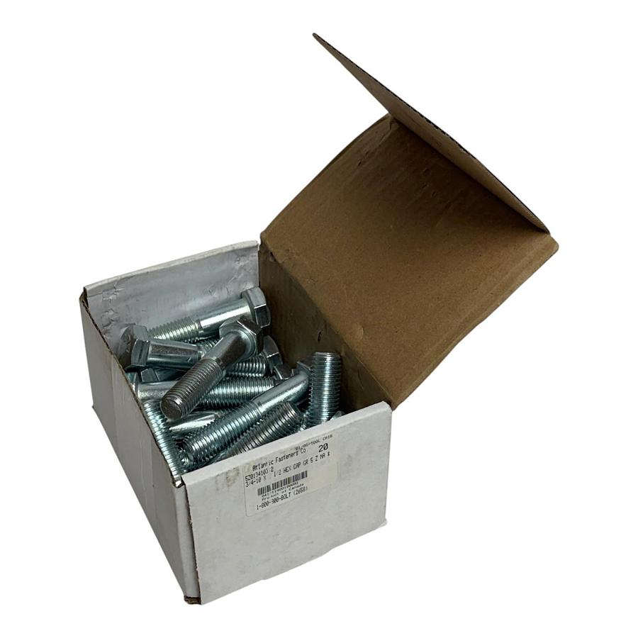 Used Box of 20 Atlantic Fasteners 3/4-10 x 2-1/2" Grade 5 Zinc Hex Cap Screw Bolts