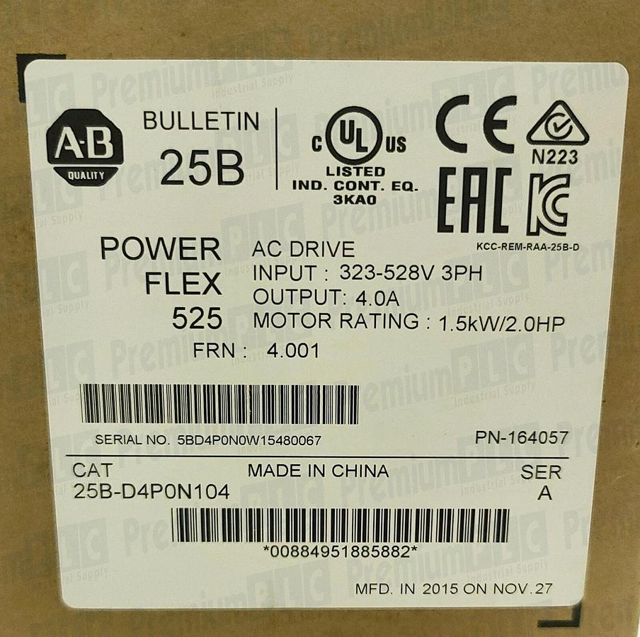 Used ALLEN BRADLEY 25B-D4P0N104 /A POWERFLEX 525 AC DRIVE 1.5kW/2.0HP FRN 4.001 NSFS 884951885882