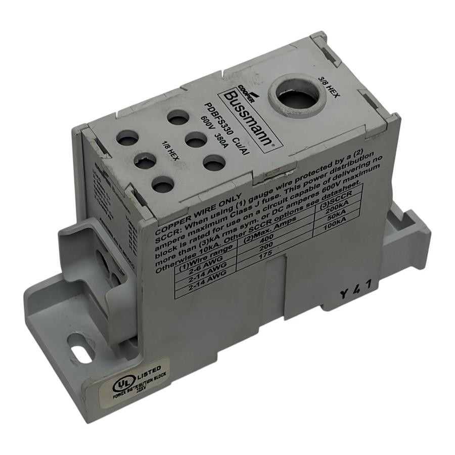 Used Bussmann PDBFS330 Power Distribution Block 600V 380A 1 Pole Finger Safe