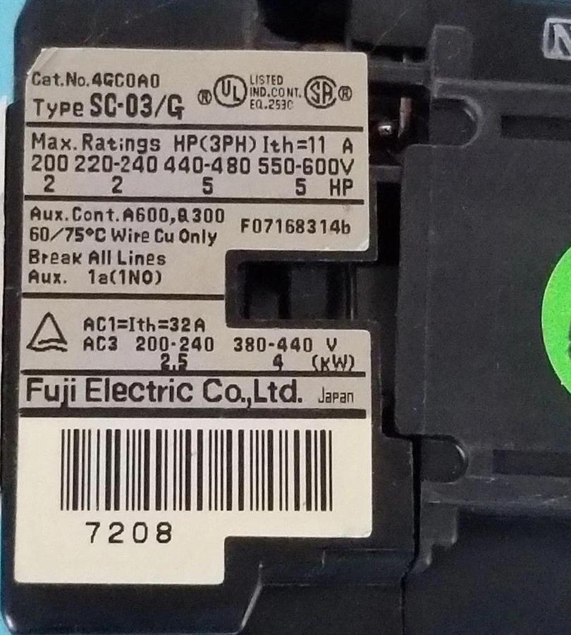 Used LOT OF 2 FUJI ELECTRIC SC-03/G CONTACTORS 11A, CAT NO 4GC0A, SC03G
