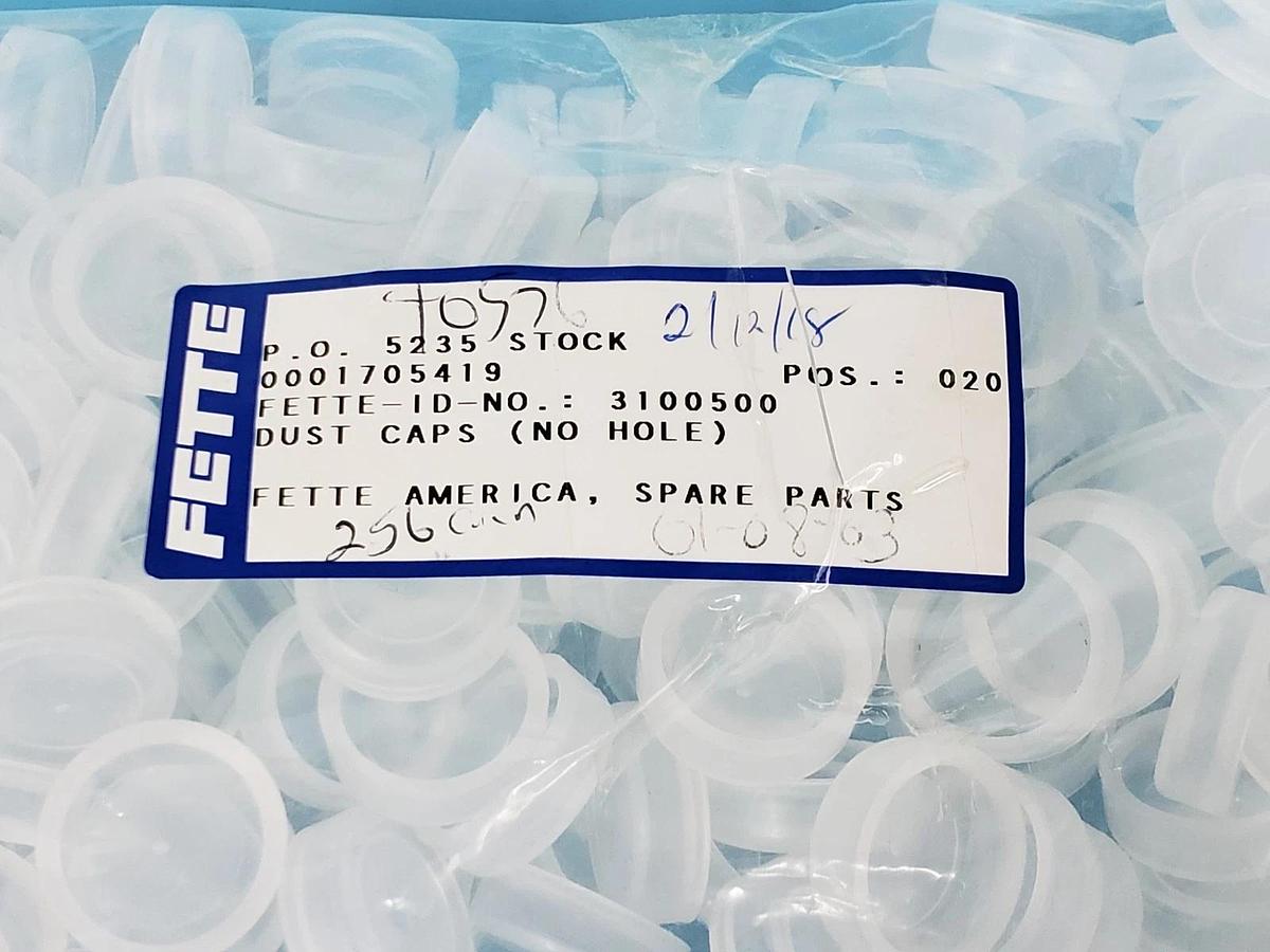 Used LOT OF 200 NEW FETTE SPARE PARTS CO. 3100500 CLEAR NO HOLE DUST CAPS