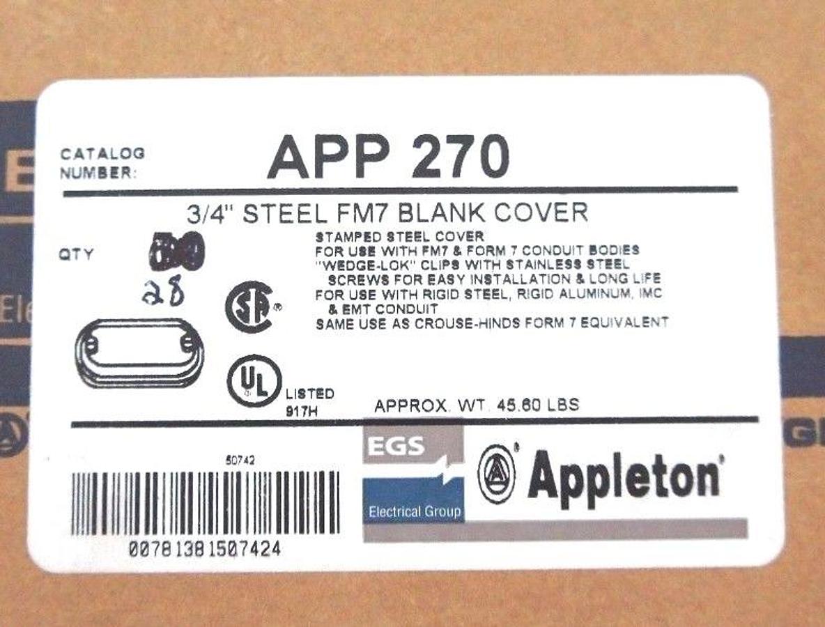 Used BOX OF 28 NEW APPLETON APP 270 3/4" STEEL FM7 BLANK COVERS