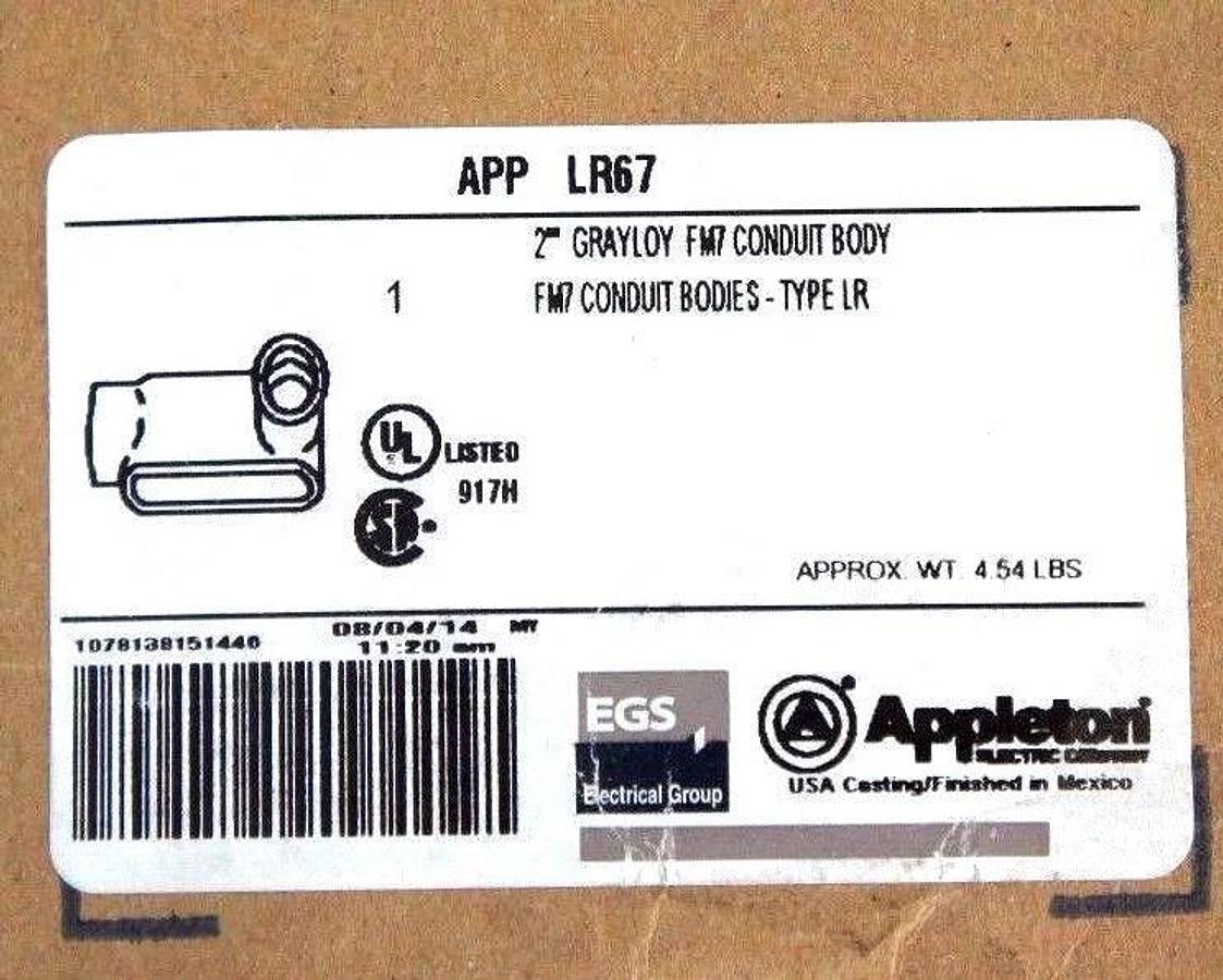 NIB APPLETON LR67 GRAYLOY FM7 CONDUIT BODY TYPE LR, 2"