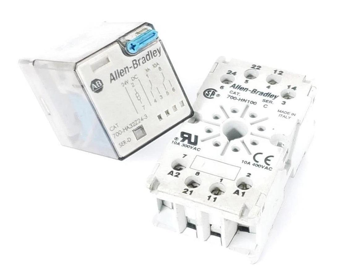 Used LOT OF 2 ALLEN BRADLEY 700-HA32Z24-3 SER. D RELAYS W/ 700-HN100 SER. C SOCKETS