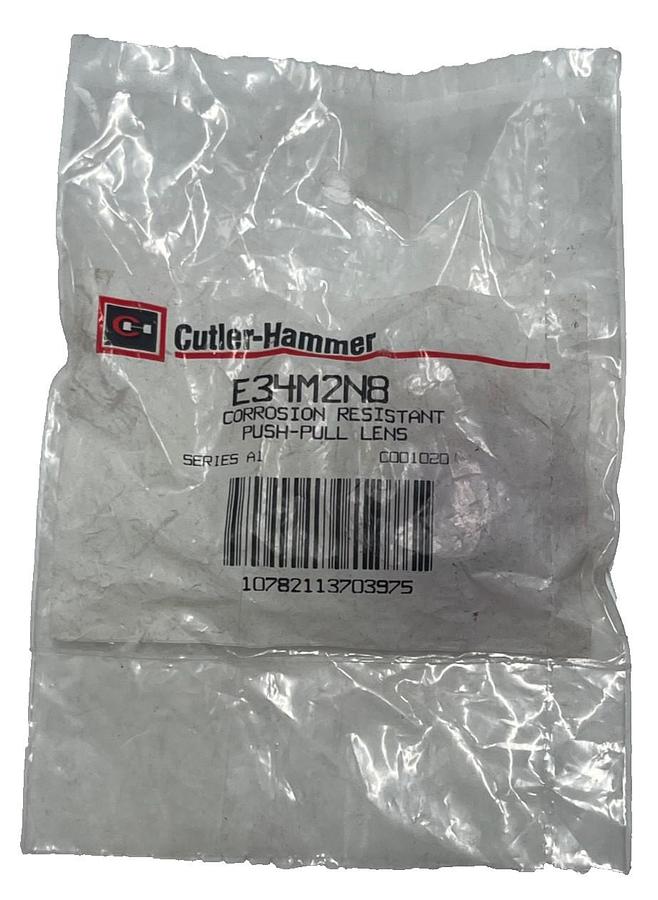 Used Cutler-Hammer E34M2N8 Red "EMERGENCY STOP" Lens for 30.5mm Illuminated Push-Pull