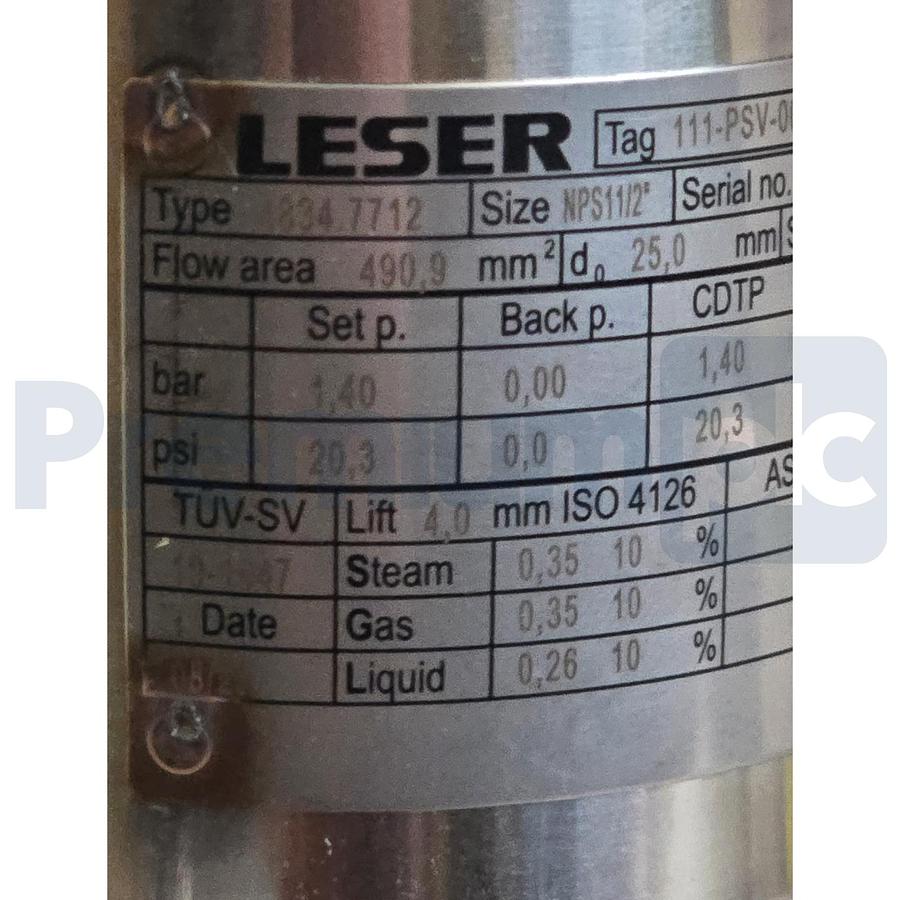 Used LESER 4834.7712 Type 483 Safety Relief Valve 1.5" x 2" NPS 316L/SS 20.3psi NSNP