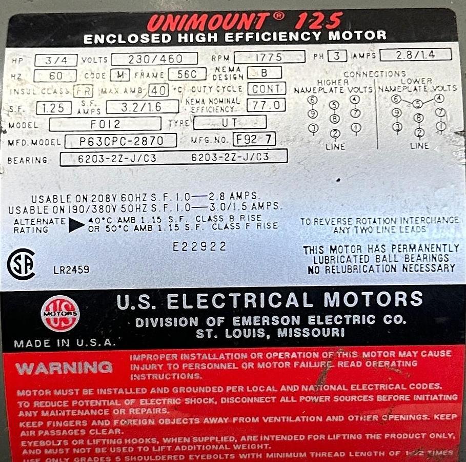 Used US ELECTRICAL MOTORS P63CPC-2870 / F012 UNIMOUNT 125 MOTOR 3/4HP W/ BRAKE NSNP