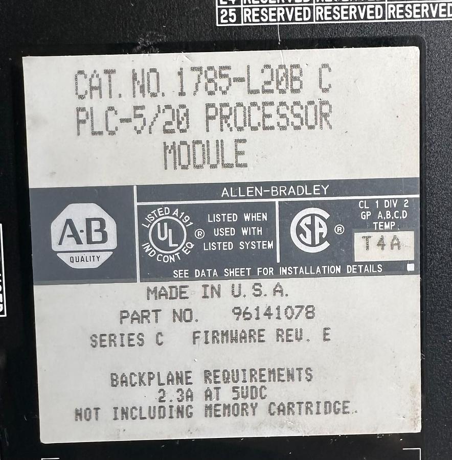 Used ALLEN BRADLEY 1785-L20B /C PLC-5/20 PROCESSOR MODULE F/W. E 96141078 1785L20B