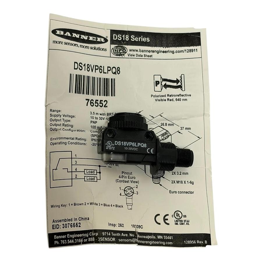Banner Engineering DS18VP6LPQ8 Polarized Retroreflective Sensor New