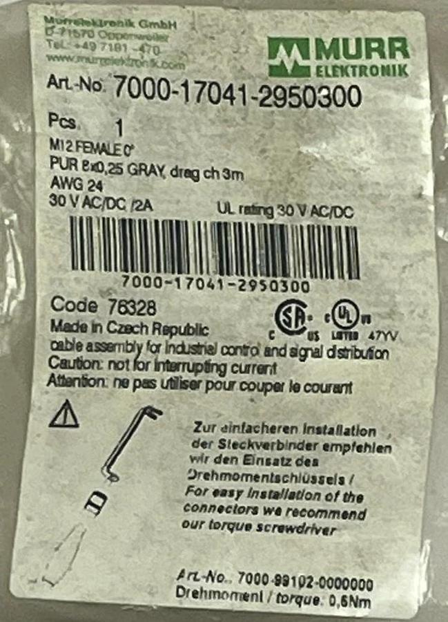 MURR ELEKTRONIK 7000-17041-2950300 M12 QD Cable 4-Pin Straight 3m PVC, NSMP
