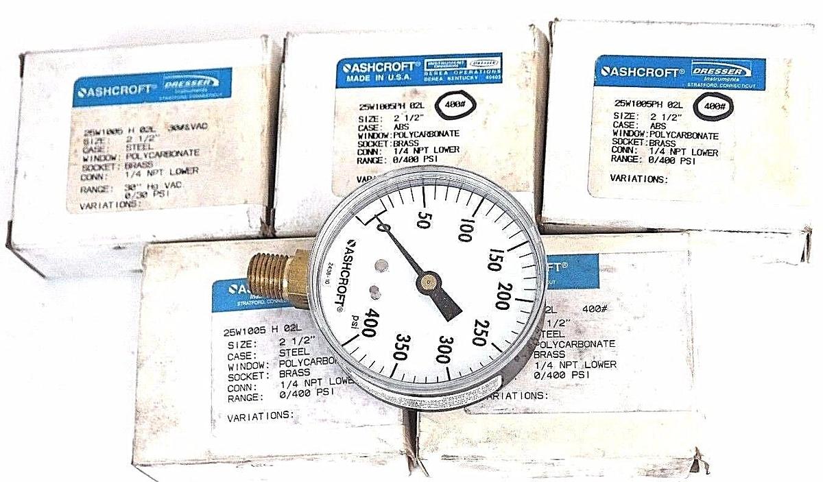 Used LOT OF 5 NIB ASHCROFT 25W1005PH02L GAUGES 25W1005PH 02L 400# 1/4 NPT LOWER