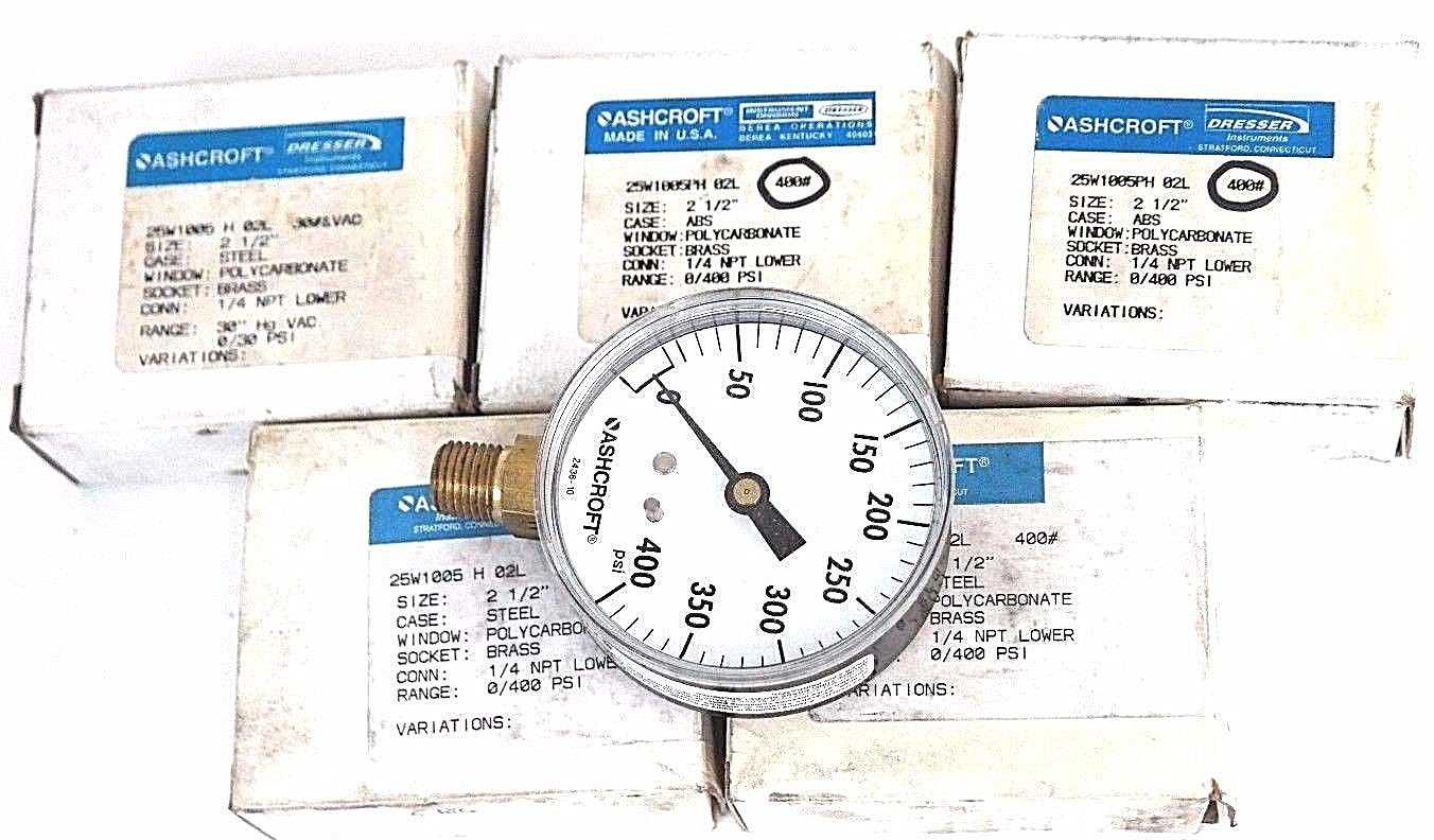 Used LOT OF 5 NIB ASHCROFT 25W1005PH02L GAUGES 25W1005PH 02L 400# 1/4 NPT LOWER