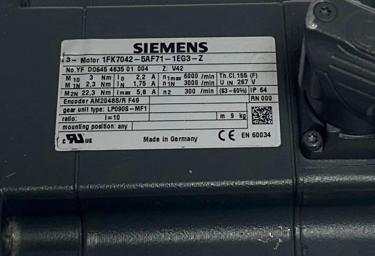 Used SIEMENS 1FK7042-5AF71-1EG3-Z V42 SIMOTICS SERVO MOTOR 1FK70425AF711EG3Z USNP