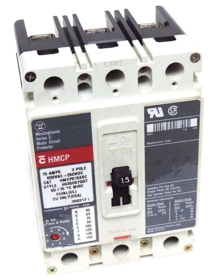 Used WESTINGHOUSE HMCP015E0C CIRCUIT BREAKER STYLE: 6630C87G07, SER. C, 15AMP, 3-POLE