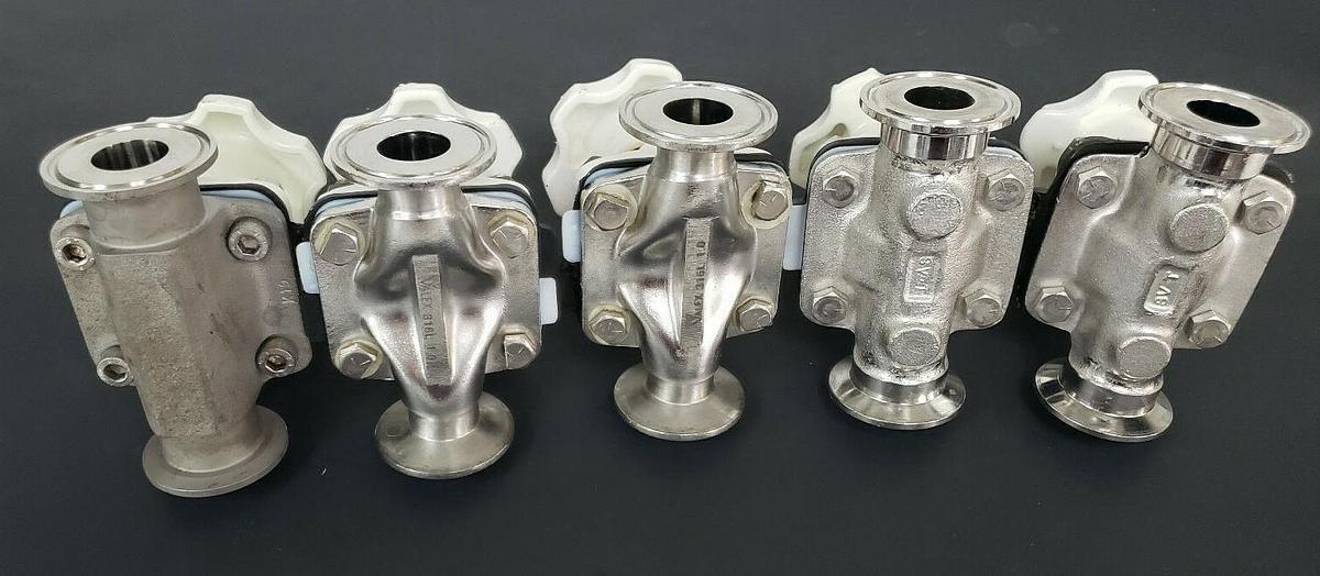 Used LOT OF 5 SAUNDERS DIAPHRAGM VALVES WITH 7/8" ID X 2" OD VALVE BODIES