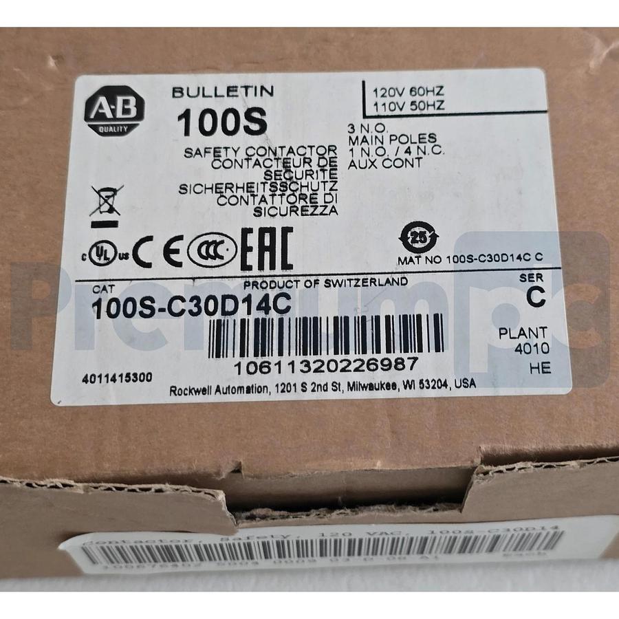 Allen-Bradley 100S-C30D14C /C Safety Contactor 30A 110/120V 3NO 1NO/4NC Aux NSMP