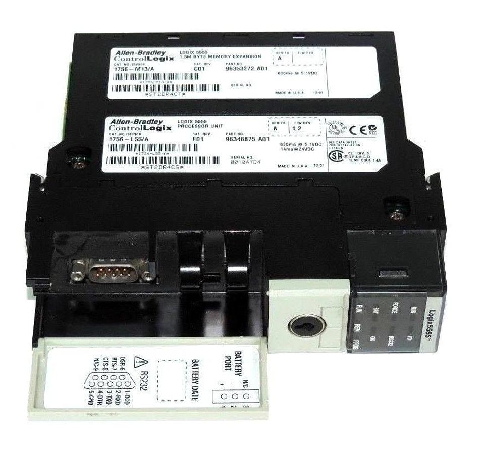 Used ALLEN BRADLEY 1756-L55/A PROCESSOR UNIT W/ 1756-M13/A 1.5M BYTE MEMORY EXPANSION