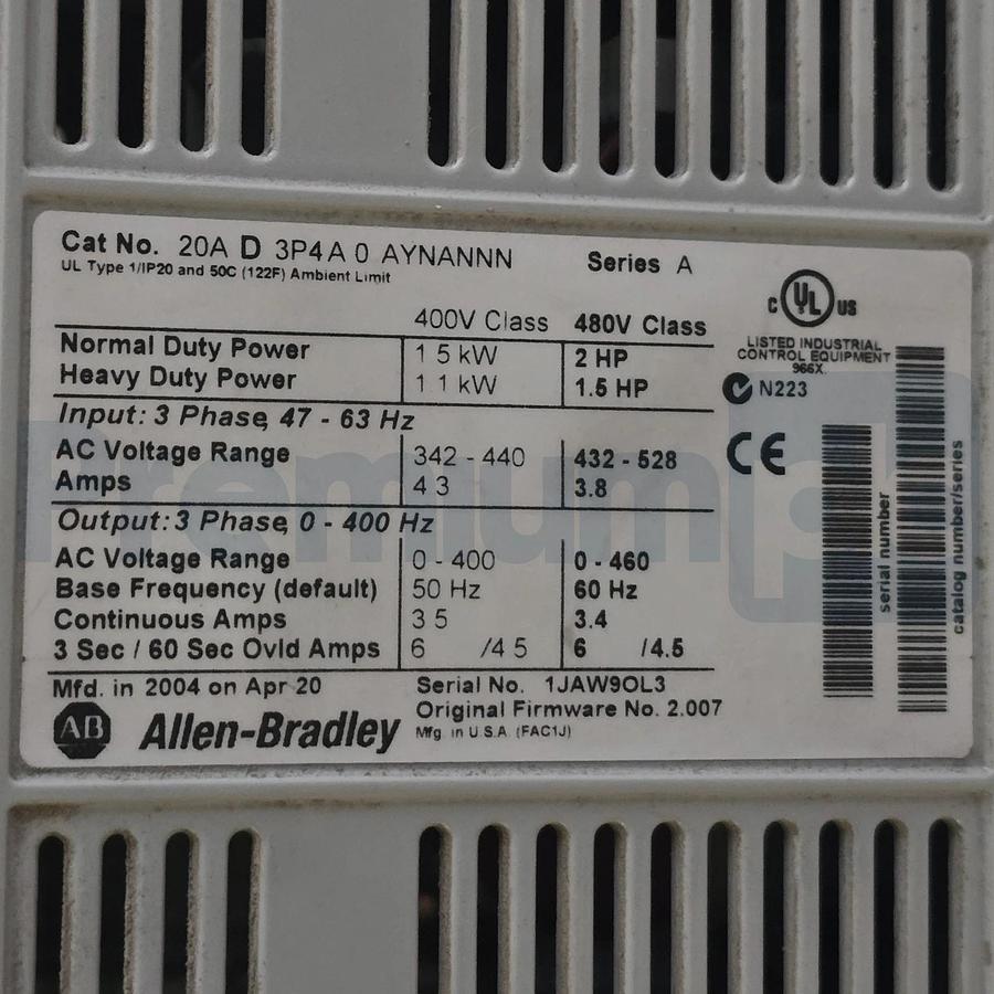 Used Allen-Bradley 20AD3P4A0AYNANNN /A PowerFlex 70 VFD AC Drive 2HP 3Ph 480VAC XLNT