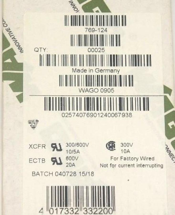 NIB WAGO 769-124 FEMALE PLUGS 2 COND. 4 POLE (BOX OF 25)