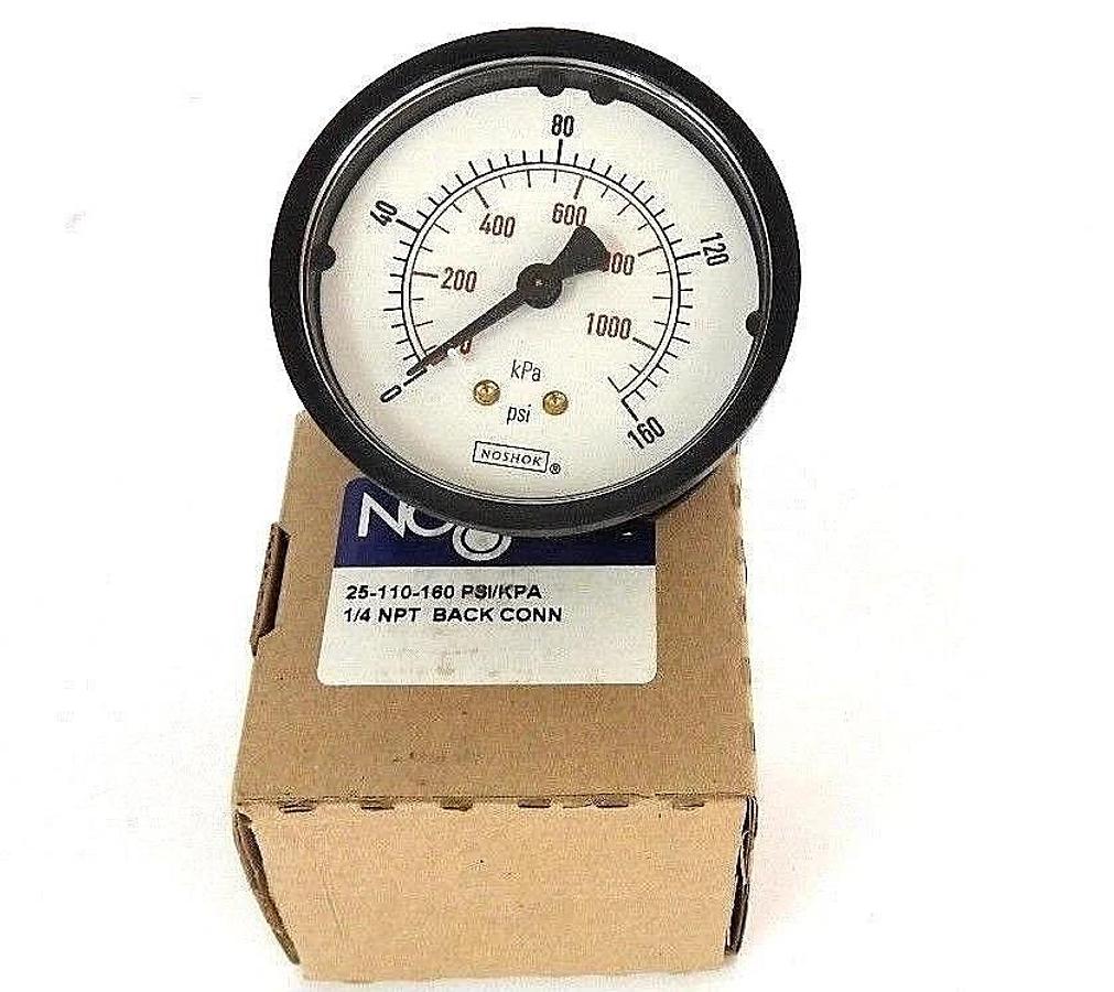 Used LOT OF 2 NEW NOSHOK 25-110-160 PSI/KPA 1/4 NPT BACK CONN PRESSURE GAUGES