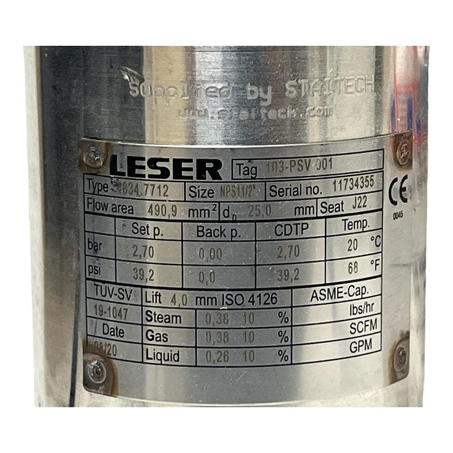 Used Leser Type 483 Clean Service Safety Relief Valve Art-No 4834.7712 2.70 bar