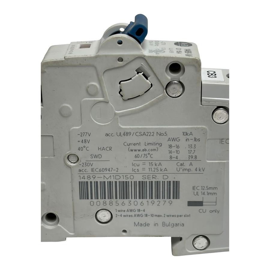 Used Allen Bradley 1489-M1D150 1 Pole 15A Miniature Circuit Breaker Series D UL489